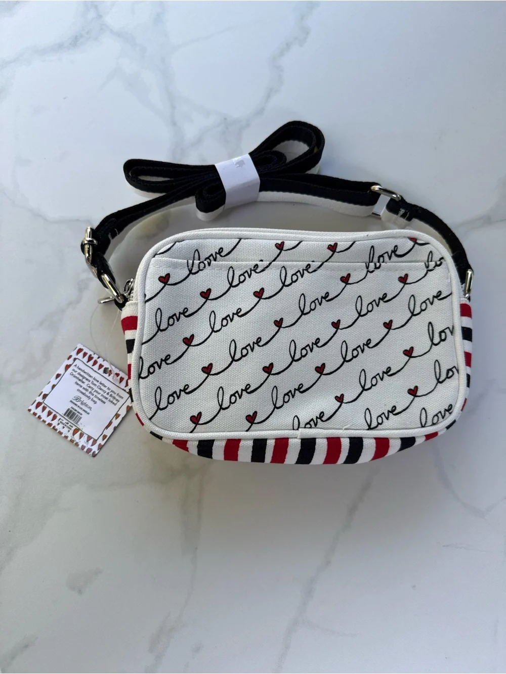 Brighton Love Scroll Canvas Crossbody Bag Heart Stripe Red White Black, NWT